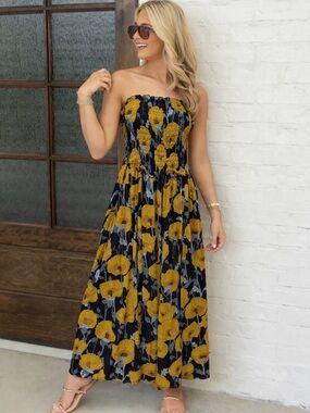 Free People Strapless Smocked Floral Maxi Dress – Yellow/Black (Size M)